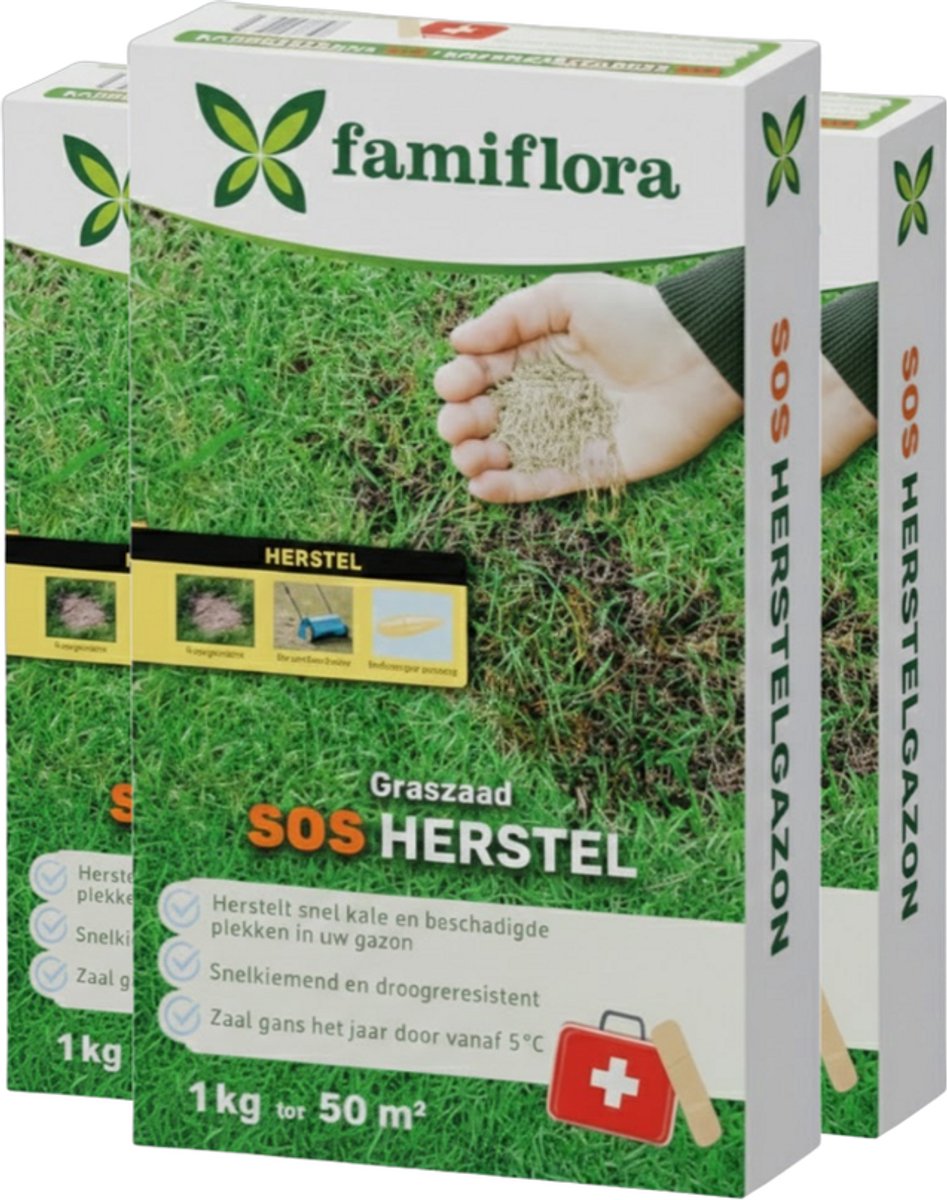 Famiflora herstelgazon 3kg tot 150m² (3 x 1kg) - SOS herstelgazon - Voor bijzaaien en herstellen van een bestaand gazon - Herstelt snel kale plekken voor een egaal gazon - Zaait zonder omspitten dus makkelijk en snel