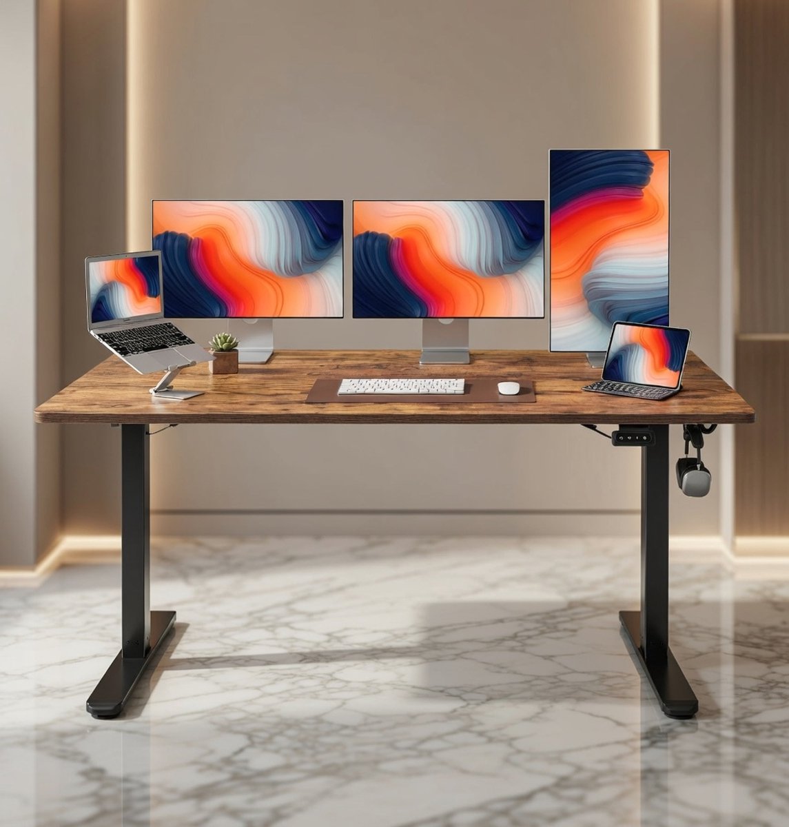 Elektrisch Zit-Sta Bureau 160x60 cm met Geheugenfunctie & Anti-Botsing – Ergonomisch Verstelbaar Bureau voor Thuiswerkplek en Kantoor – Stabiel Stalen Frame – Bruin Houten Tafelblad – NoviHome