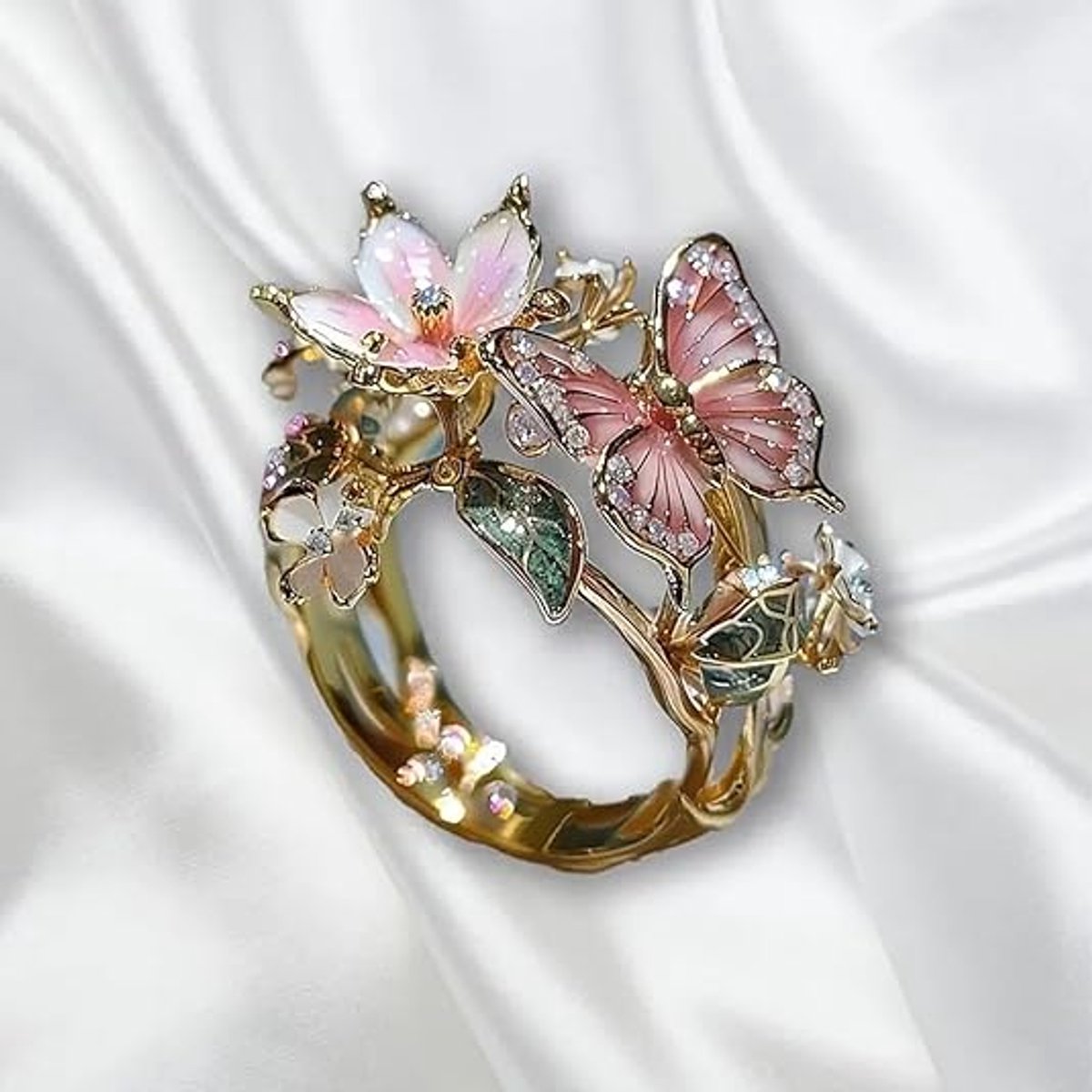 Daity 1 Damesring met vlinder en bloem - emaille vlinderring - verstelbare opening - roze ring - sprankelende modieuze bloemenring - sieraad voor kerst - verjaardag - gala of feest (goud)