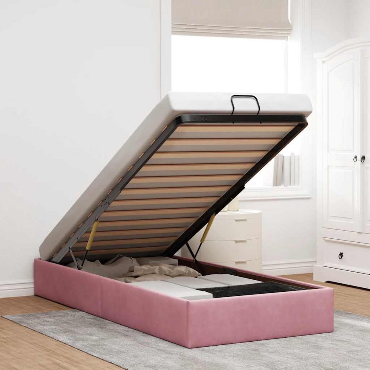 Comfortabel Eenpersoons Bedframe met Opbergruimte 90x200 cm Velours Roze