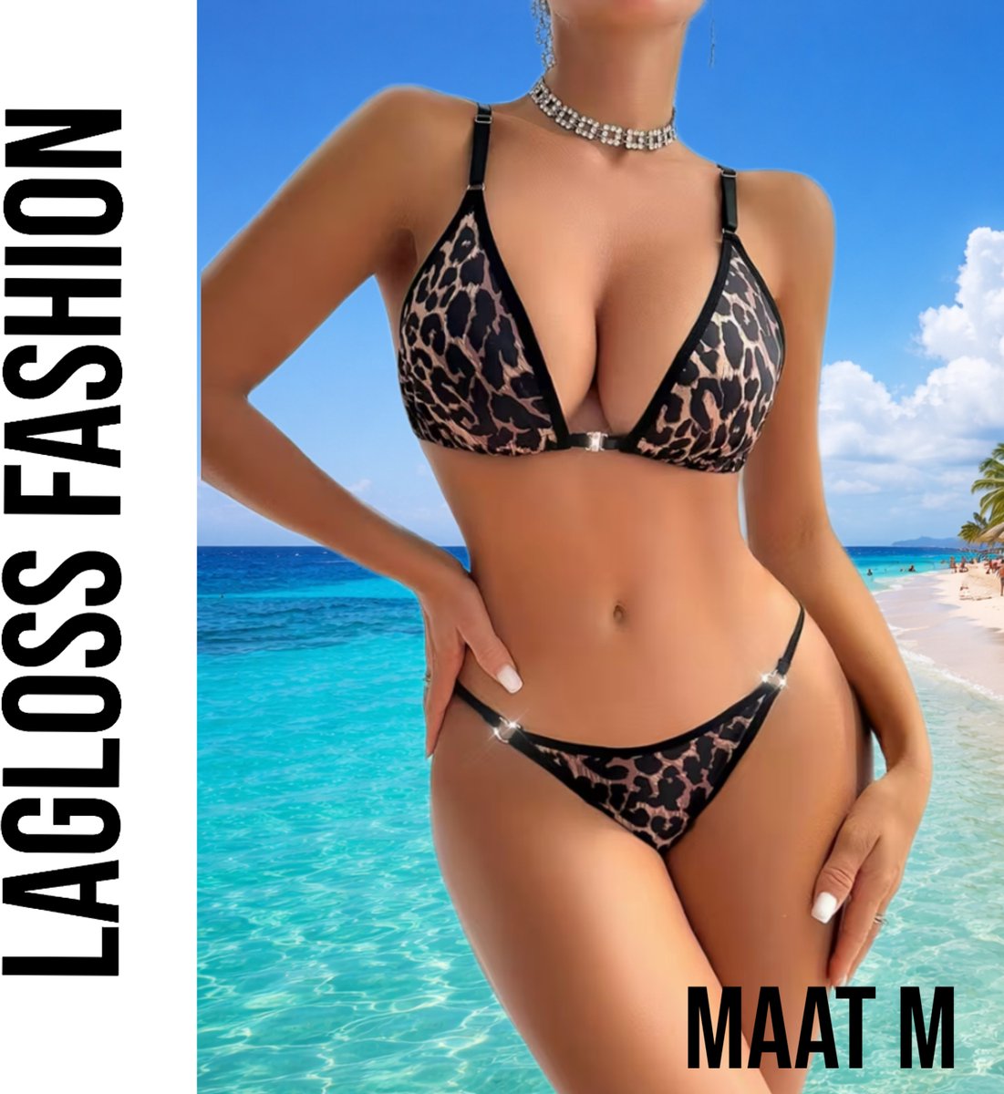 LaGloss® Luipaardprint BH-set – Driehoekige Top met Voorsluiting & Kruisbandjes - Verleidelijk en Comfortabel – Lingerie set - Ondergoedset -Maat M