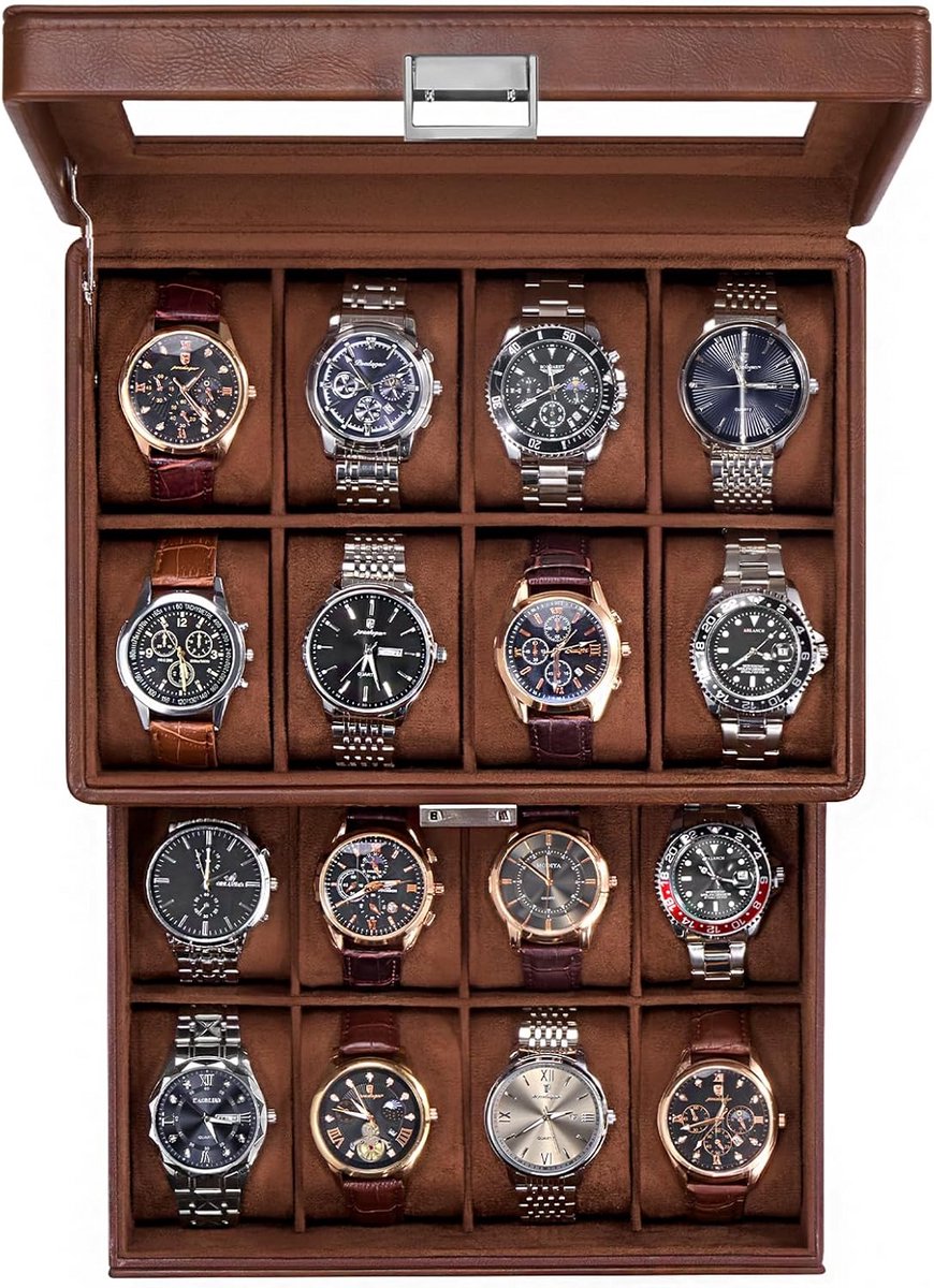 Luxe Horlogedoos met 16 Vakken voor Heren | Sieraden Opbergkist met Glazen Deksel