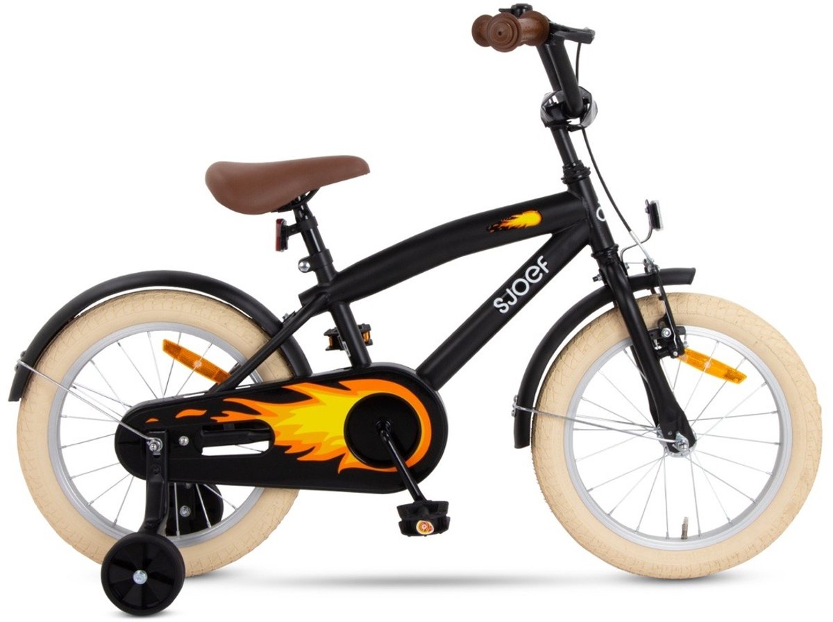 SJOEF Cruise Jongensfiets 16 inch - Kinderfiets met zijwieltjes 4, 5 & 6 jaar - Beachcruiser Fiets 16 inch Jongen - Mat Zwart