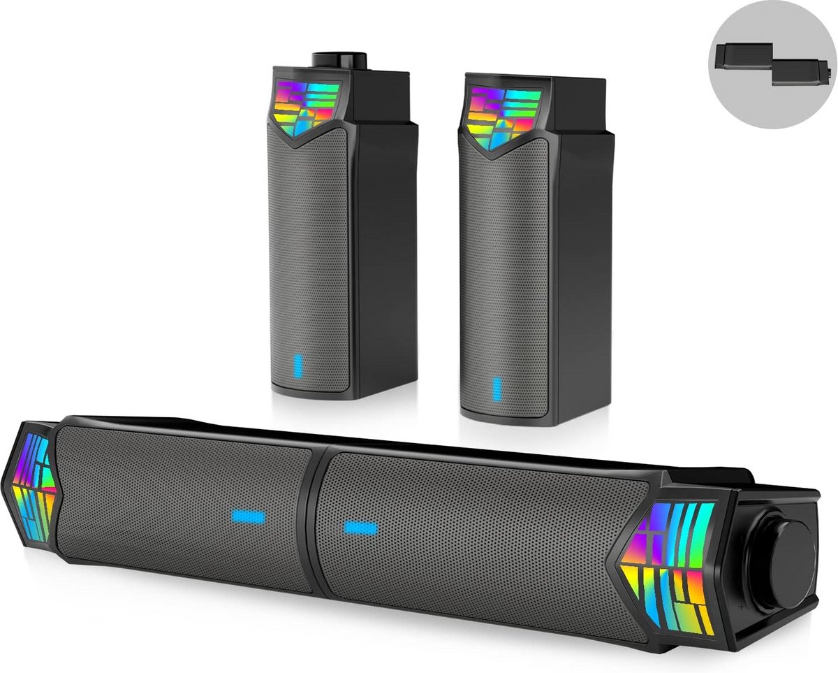 2-in-1 Bluetooth PC Luidspreker met Afneembare Soundbar en RGB-Verlichting