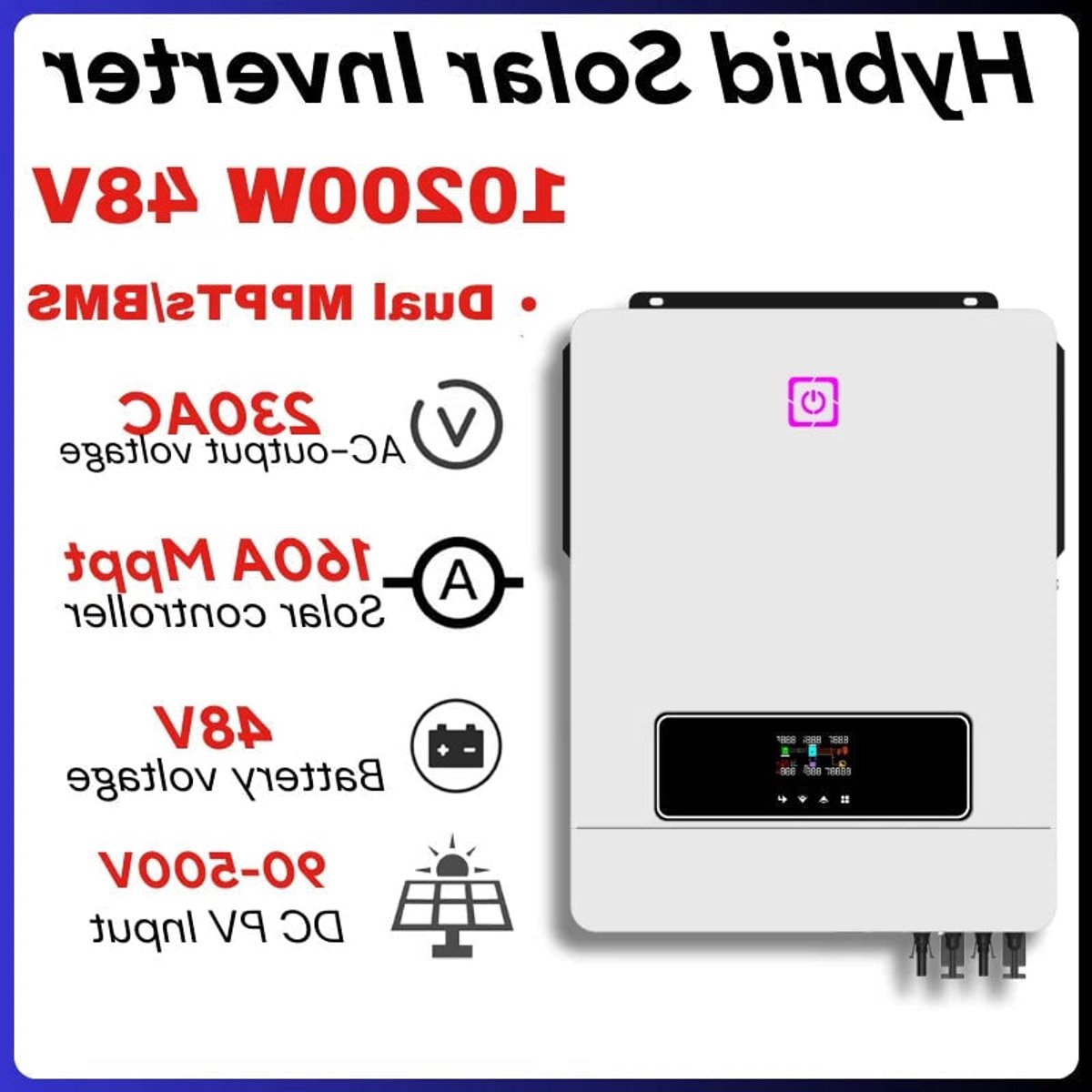 Hybride Zonne-Energie Omvormer – Zonne-Omvormer – Solar Inverter – Netgekoppelde Omvormer – Off-Grid Omvormer – 10,2 KW – Dual Mppt & 160A Laadregelaar – WiFi Monitoring