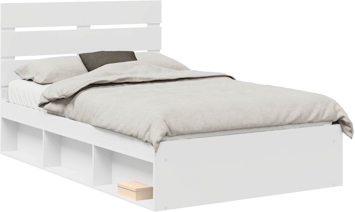 vidaXL - Bedframe - met - hoofdeinde - Wit - 120 - x - 190 - cm - Massief - grenenhout