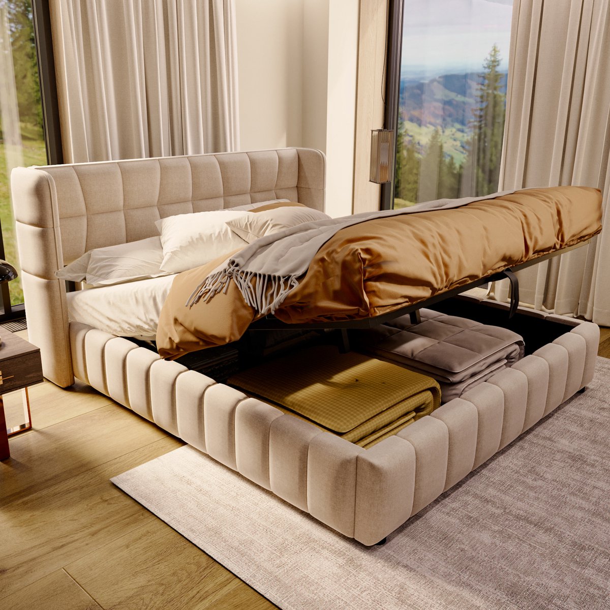 OKWISH Gestoffeerd Bed 180x200 cm - Met Hefmechanisme En Opbergruimte - Tweepersoonsbed Met Lattenbodem - Zonder Matras - Beige