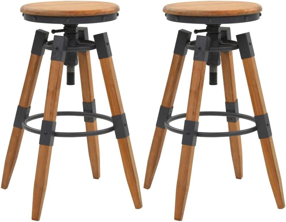 Set van 2 Verstelbare Barkrukken in Massief Hout - Industriële Stijl Keuken Kruk