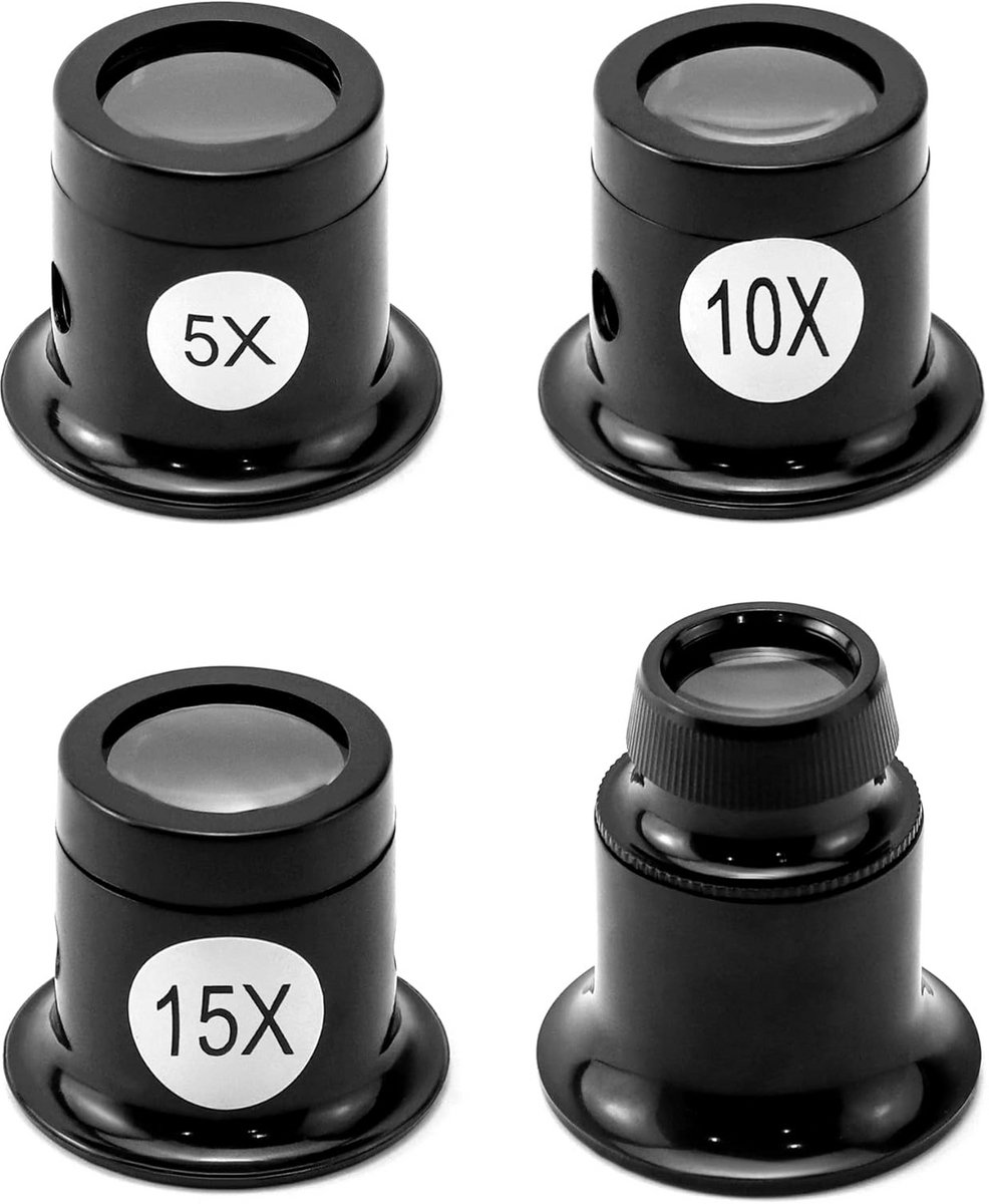 Set van 4 Vergrootglazen Loep Juweliersloep 5x, 10x, 15x, 20x - Voor Horlogemakers, Elektronica en Hobby's