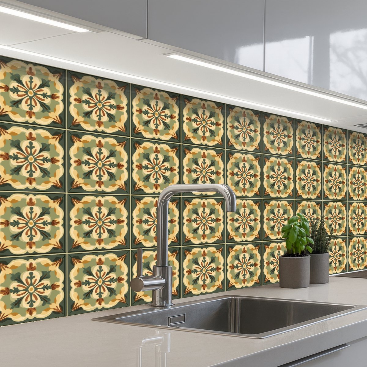 Keuken achterwand 250x80 cm - Spatscherm zelfklevend Ornament - Patroon - Groen - Muurbeschermer - Spatwand fornuis