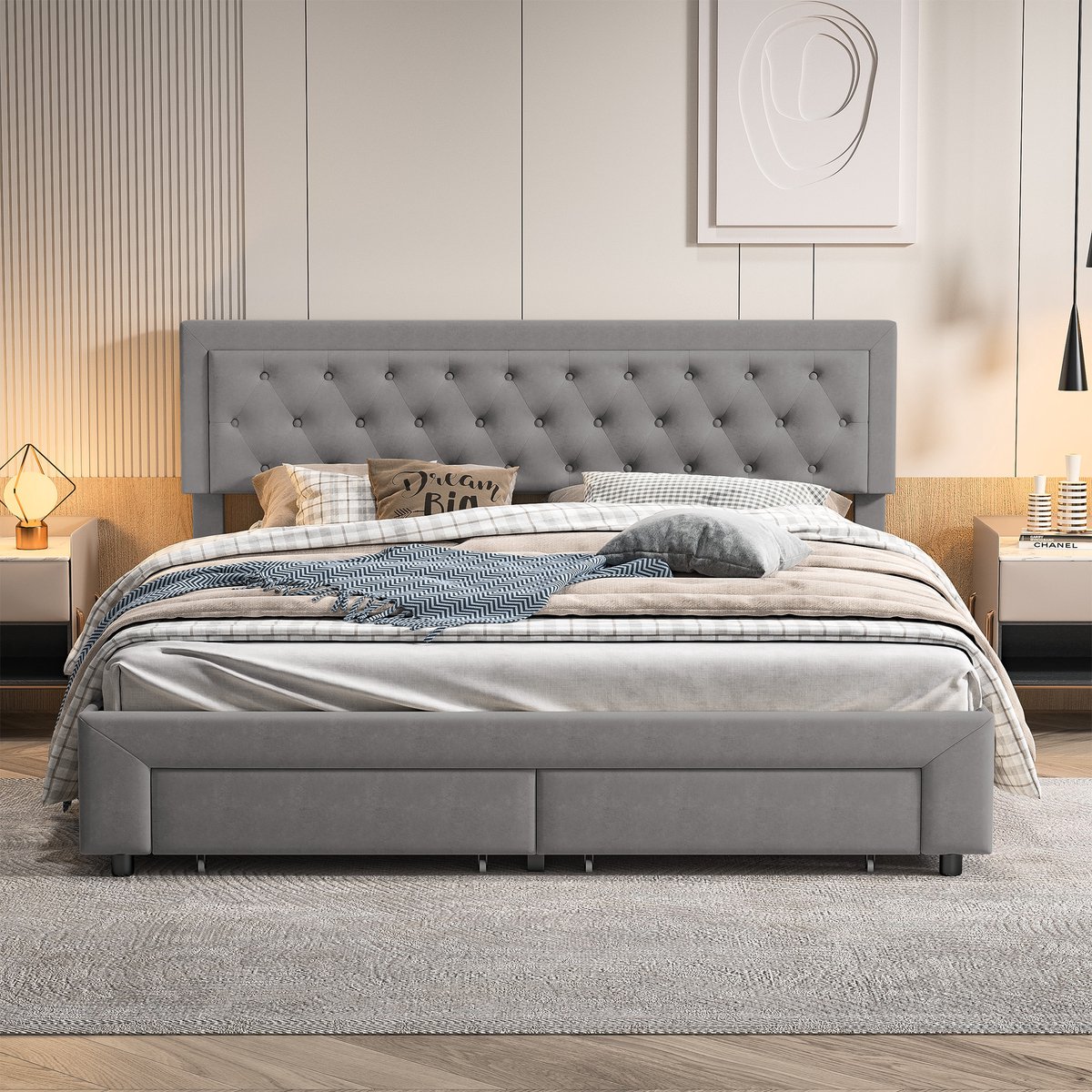 Opbergbed 180x200 met Lades – Fluwelen Bedframe met Capitonné Hoofdbord – Grijs