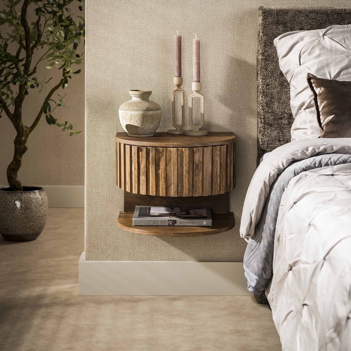PS-Collection Zwevend Nachtkastje Ridge Mangohout Zandkleur Met Plank - nachtkast, nachtkastje, nachtkastjes, nachtkastjes industrieel, nachtkastje hout, nachtkastjes modern, nachtkastje zwevend