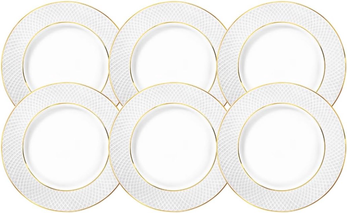 Set van 6 witte porseleinen borden met gouden ruitpatroon - 25,5 cm