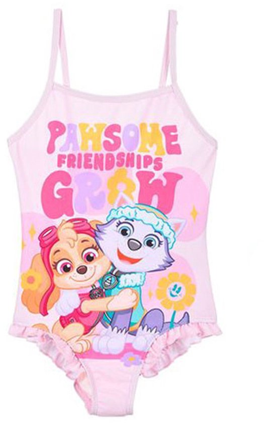 Lichtroze badpak met Paw Patrol-personages Skye en Everest. Met de tekst "PAWSOME FRIENDSHIPS GROW".