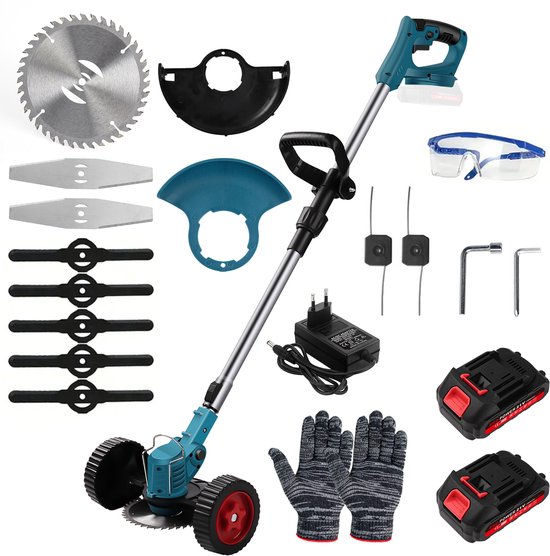 Stel grasmaaieronderdelen: grasmaaier, zaagbladen, maaidraden, accu's, oplader, bescherming, gereedschap en handschoenen.