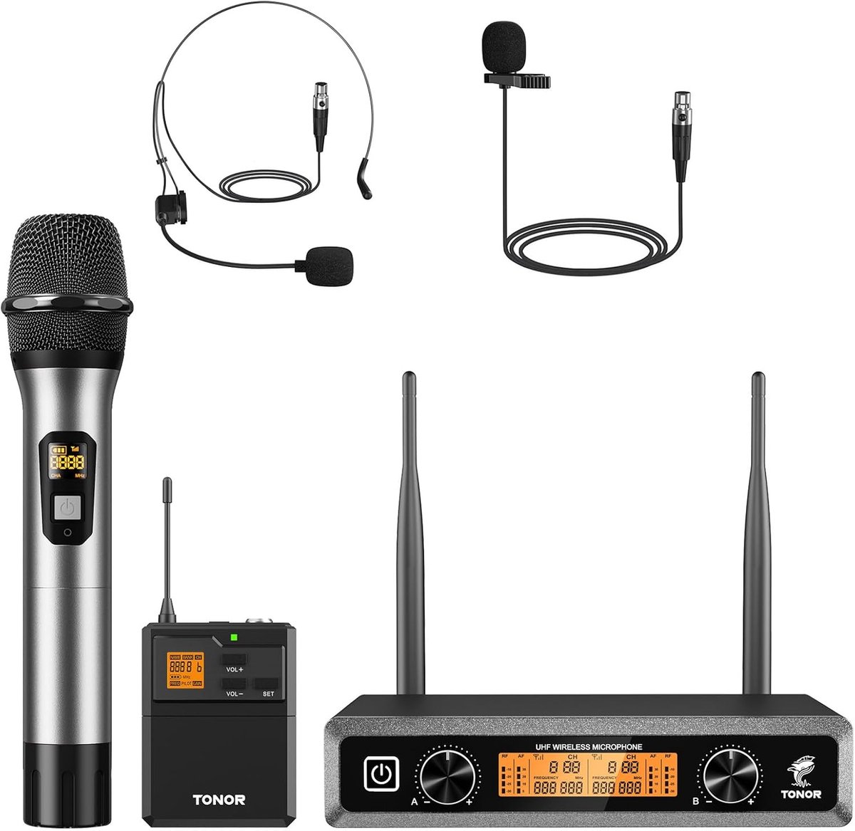 Professioneel Draadloos Microfoonsysteem Met 2 Kanalen, Handheld & Lavalier Microfoons