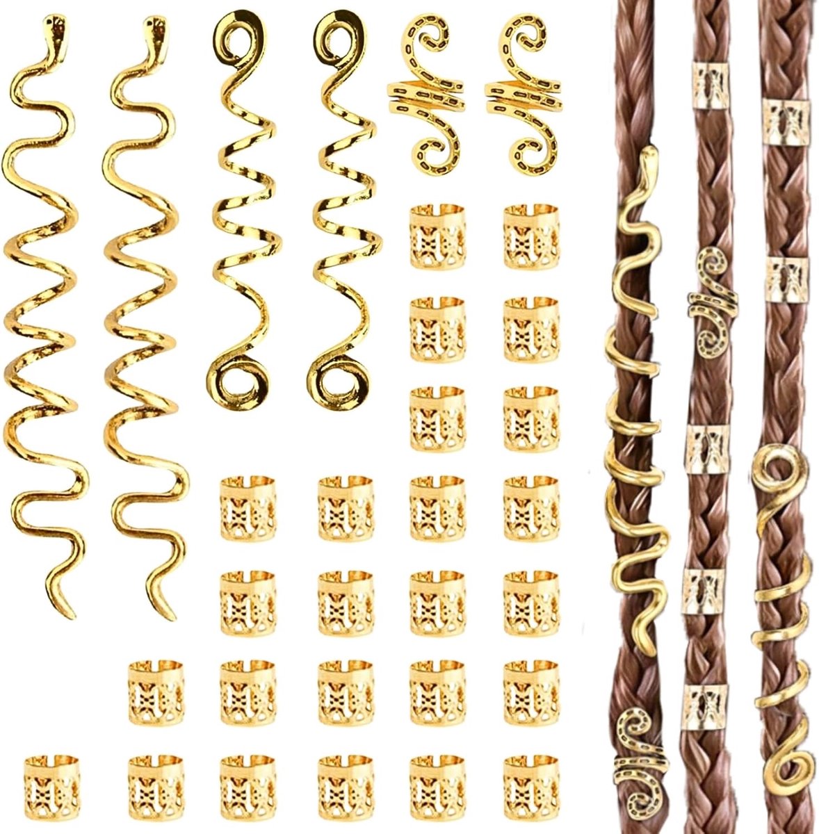 31 Delige Set Gouden Haarringen en Charms voor Dreadlocks en Vlechten