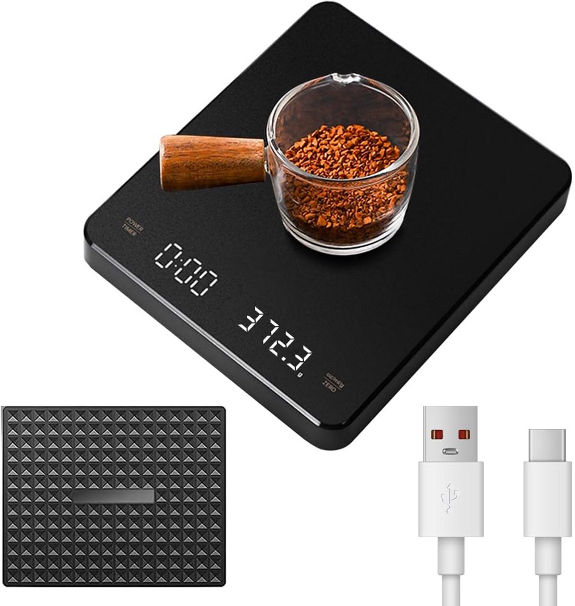 Digitale Koffieweegschaal met Timer en Oplaadbare Batterij, 3kg/1g Precisie