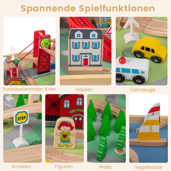 COSTWAY Houten spoorbaanset met tafel, 94-delige spoorwegset met 2 omkeerbare tafelbladen, 3 stoffen laden, 2-in-1 speeltafel met accessoires van hout, activiteitstafel voor kinderen vanaf 3 jaar van COSTWAY — afbeelding 3