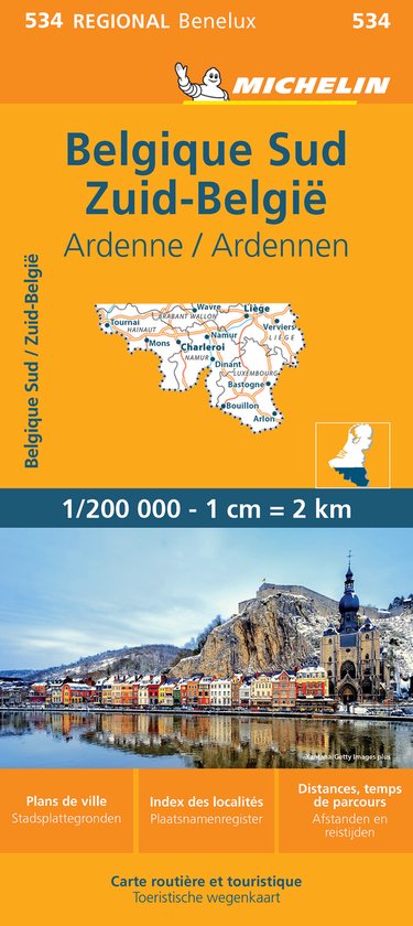 Michelin kaart 534 Zuid-België, Ardennen. Toont een kaart met steden zoals Luik, Namen, Mons. Onderliggend een foto van Dinant.