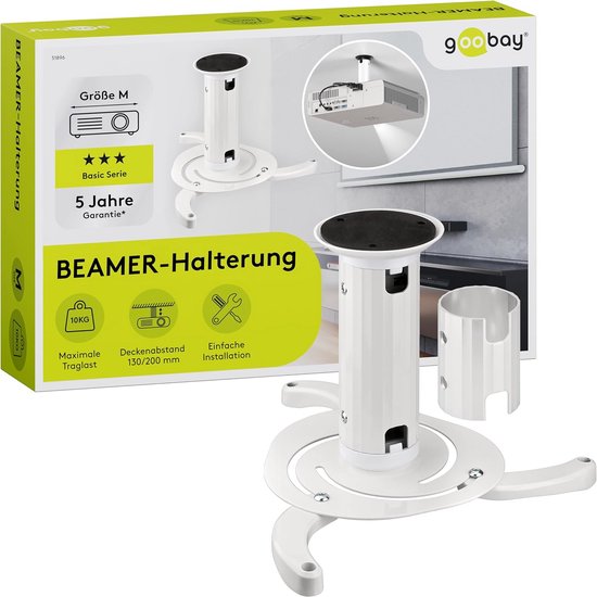 Universele plafondbeugel voor projector tot 10 kg, 360° draaibaar, kantelbaar, verstelbare afstand, kabelgeleiding, wit staal