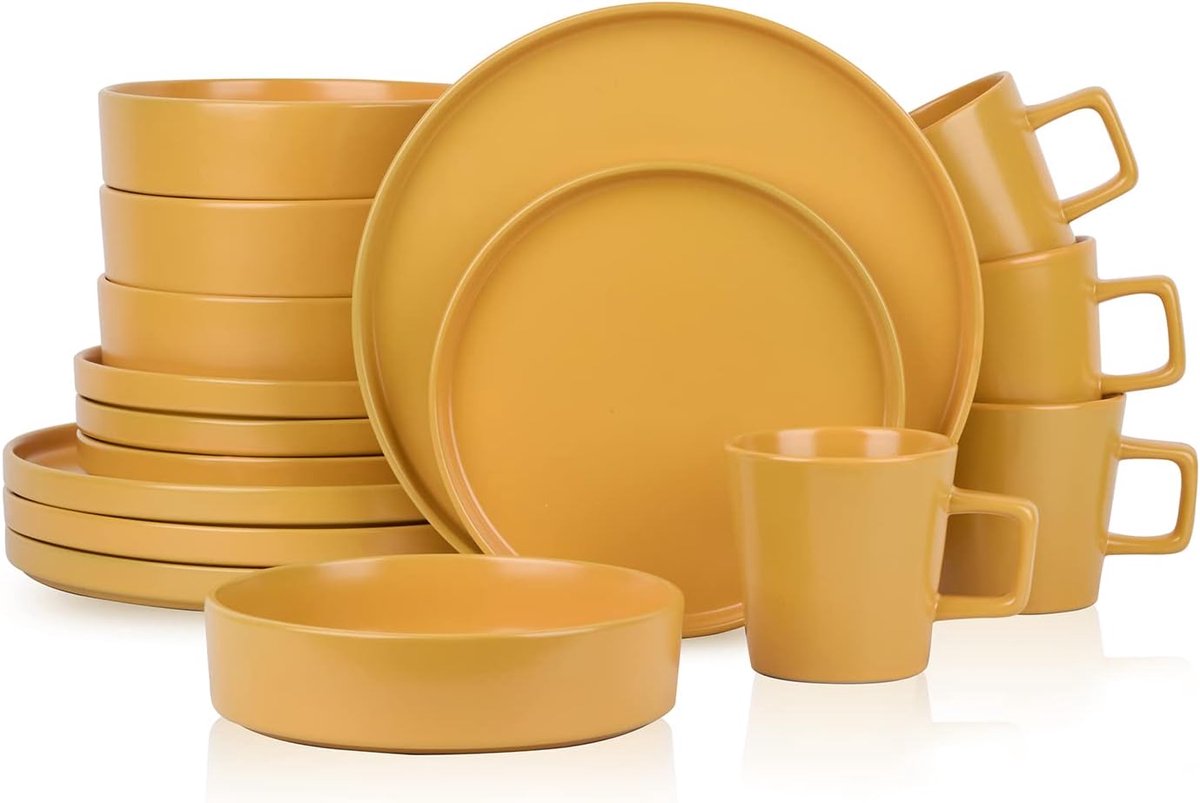 16-delige Gele Aardewerk Servies Set voor 4 Personen