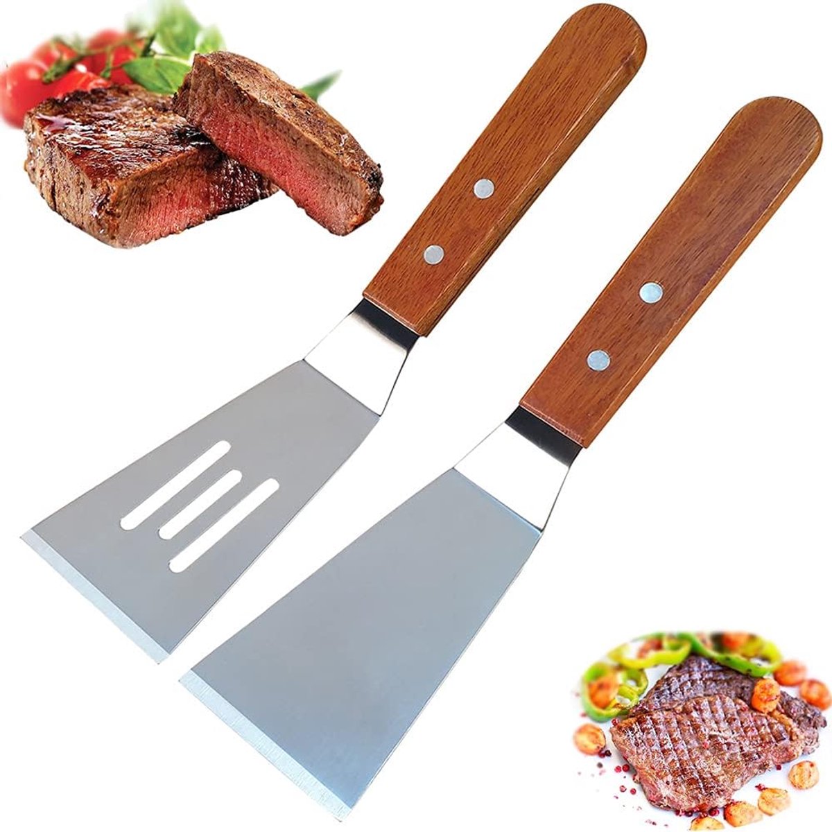 2x Professionele Rooster & Bakspatels - RVS met Houten Handvat - Hittebestendig & Antiaanbak