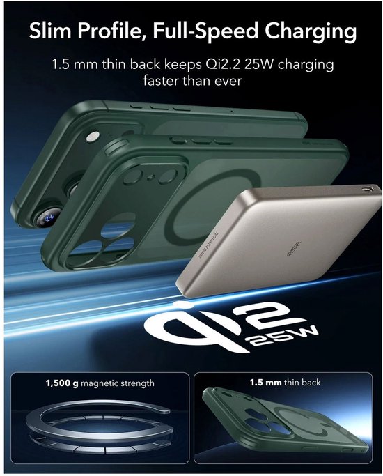 Groene iPhone hoes met MagSafe, 1,5 mm dun, toont snelladen.