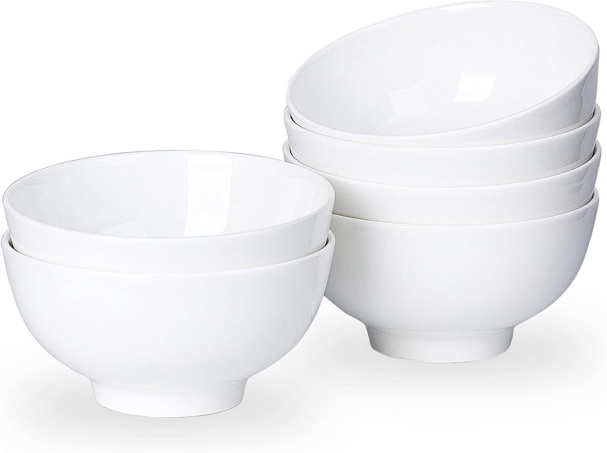 Kleine keramische schaaltjesset voor dessert, ijs, rijst, soep en snacks - set van 6 - wit - magnetron en vaatwasserbestendig