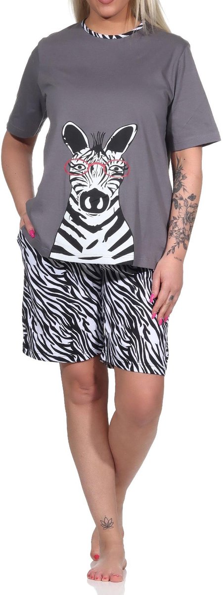 Normann Leuke dames shorty pyjama met korte mouwen en zebra motief, broek met dierenprint look grau