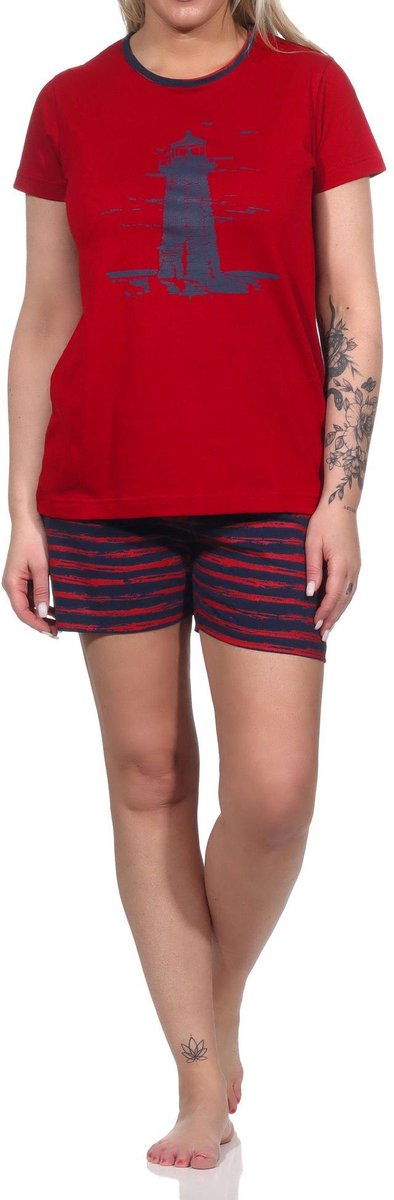 Normann Dames pyjama met korte mouwen en vuurtorenmotief - maritiem - 122 205 10 756 rot