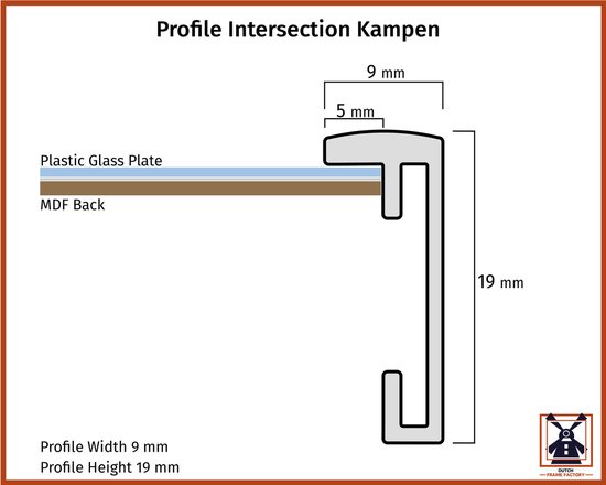 Dwarsdoorsnede van het Kampen-profiel met afmetingen: 9 mm breed, 19 mm hoog.