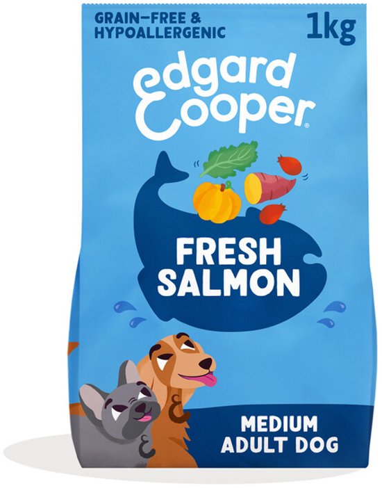 Nourriture pour chiens Edgard & Cooper 1kg pour chiens adultes de taille moyenne au saumon frais, citrouille, cynorhodon, chou frisé et patate douce. Sac bleu avec une illustration de baleine et de chiens.