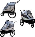 Drie hondenbuggy's in Space Gray op een witte achtergrond.