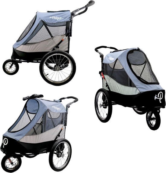 Drie hondenbuggy's in Space Gray op een witte achtergrond.