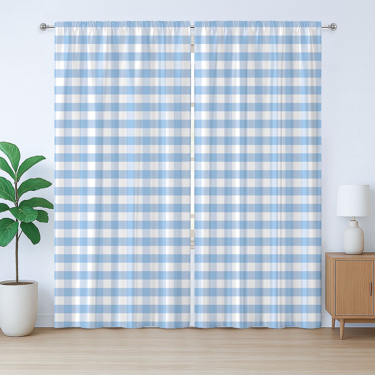 ABAKUHAUS Geruit rustiek gordijn, Pastel Row Vintage, Universele gordijnen met lussen en haken voor de woonkamer, 280 x 245 cm, Lichtblauw wit