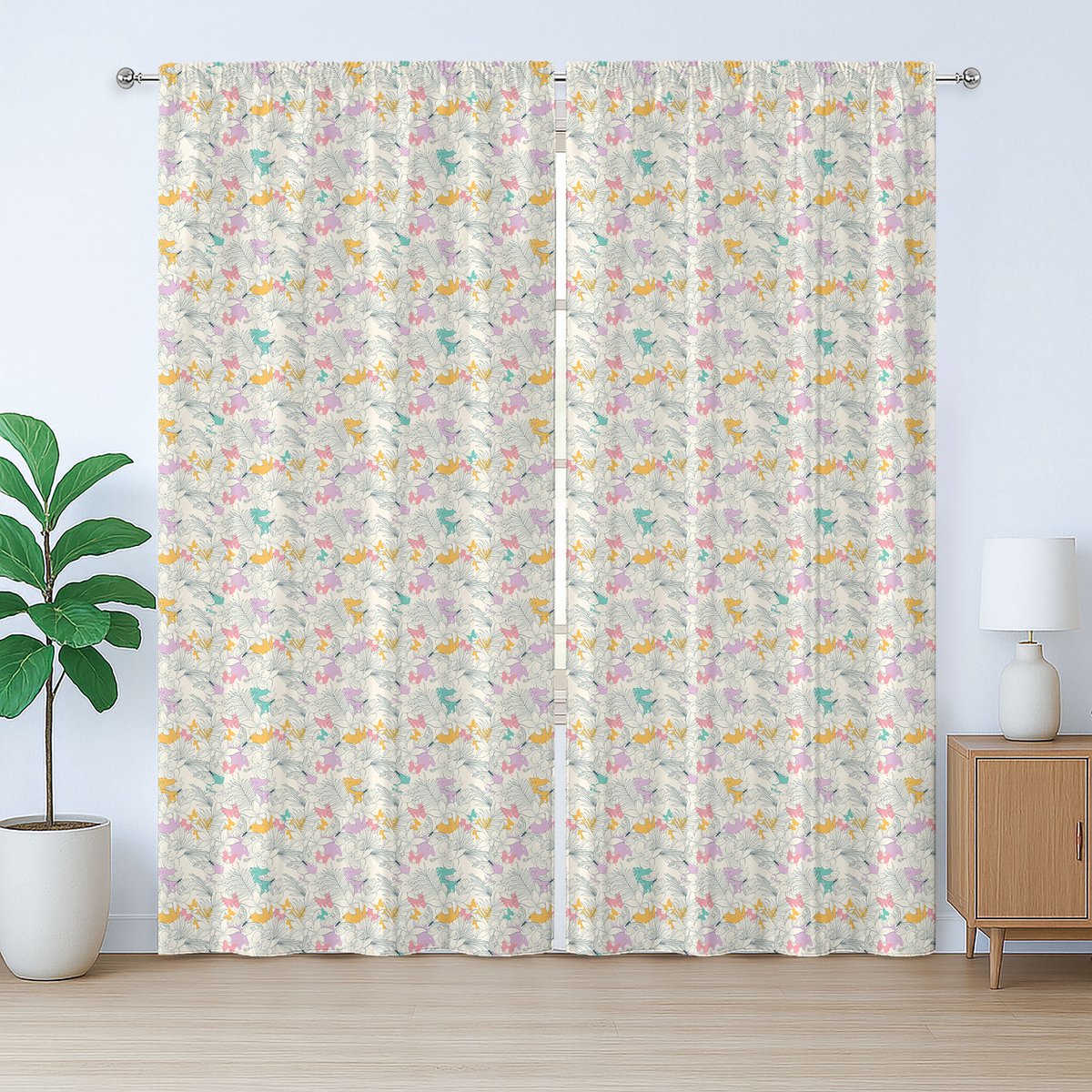 ABAKUHAUS Rustiek zomergordijn, Aloha zachte botanische motieven en bladeren, met lussen en haken, 280 x 245 cm, ivoorkleurig