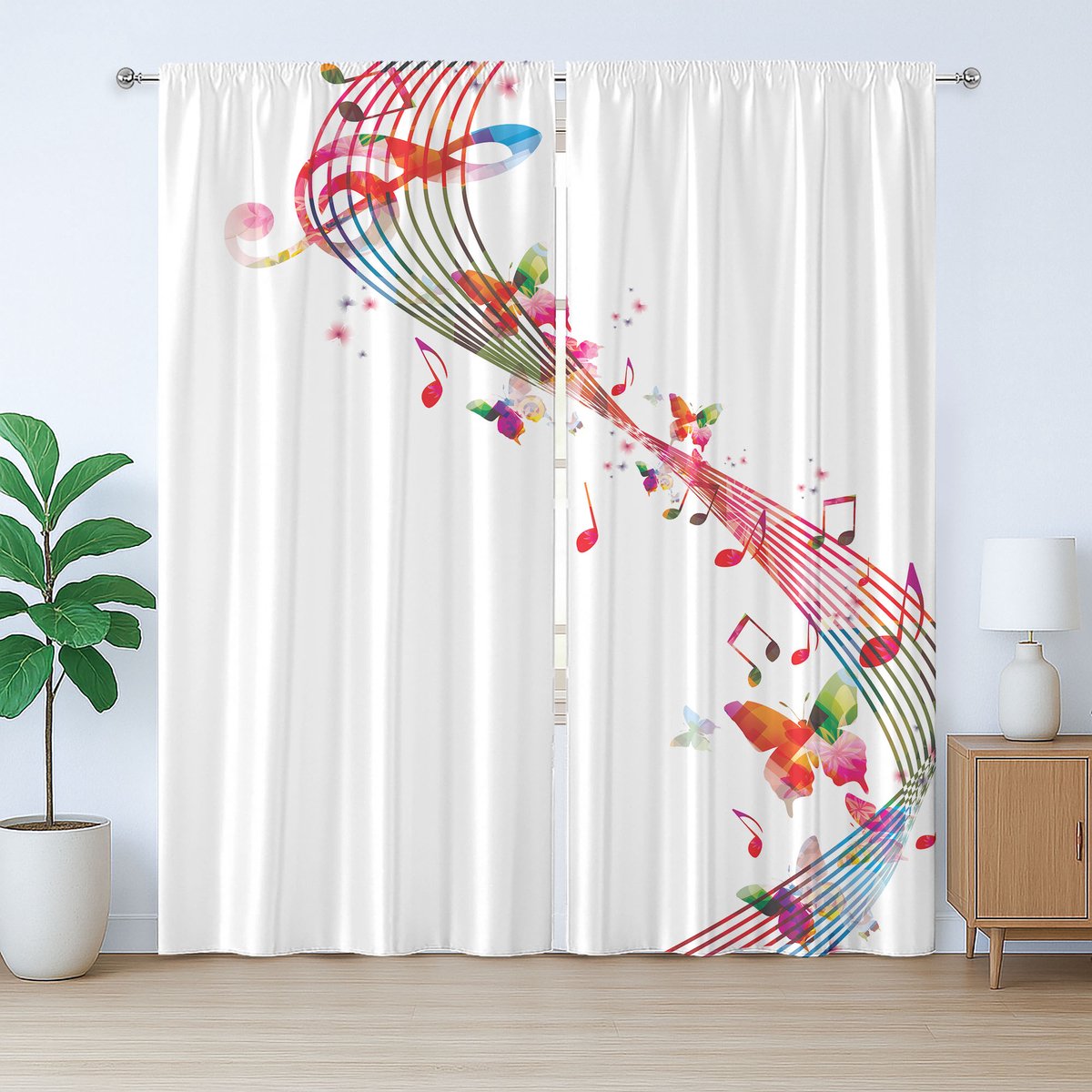 ABAKUHAUS Muziek Rustiek Gordijn, Kleurrijk Vlinderdesign, met Bandjes en Haken voor de Woonkamer, 280 x 175 cm, Roze Wit