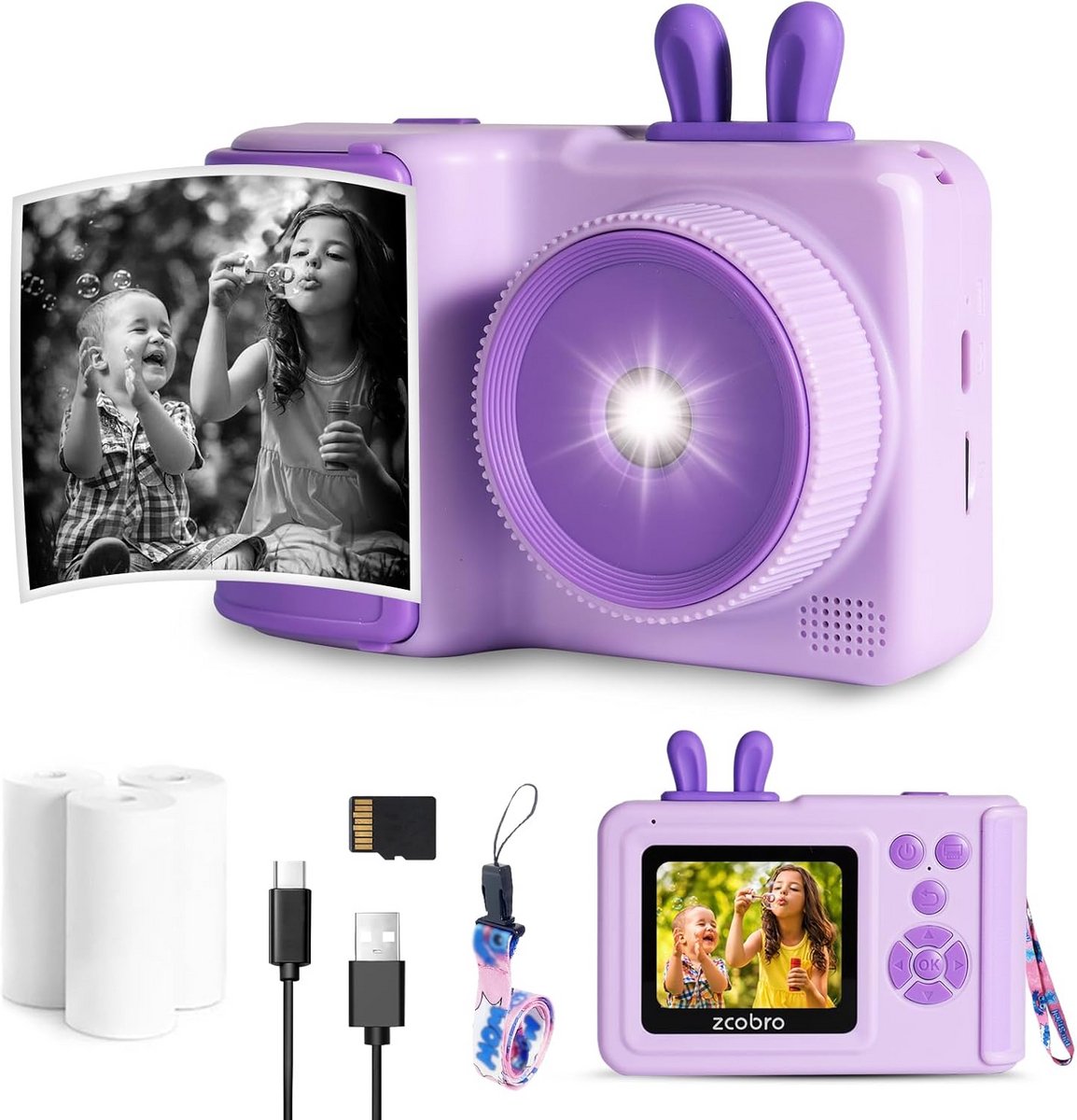 Instant Camera voor Kinderen met Printfunctie - Paarse Kindercamera