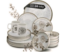 Moritz & Moritz BLOSSOM 24-delig Serviesset 6 Persoons Grijs - Porselein Koffieservies met Borden,…