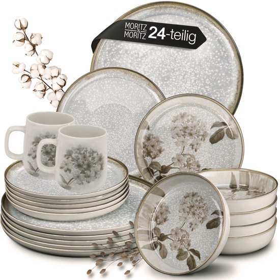 Service de table Moritz & Moritz BLOSSOM 24 pièces 6 Personnes Grijs - Service à café en Porcelaine avec Assiettes, bols et Tasses