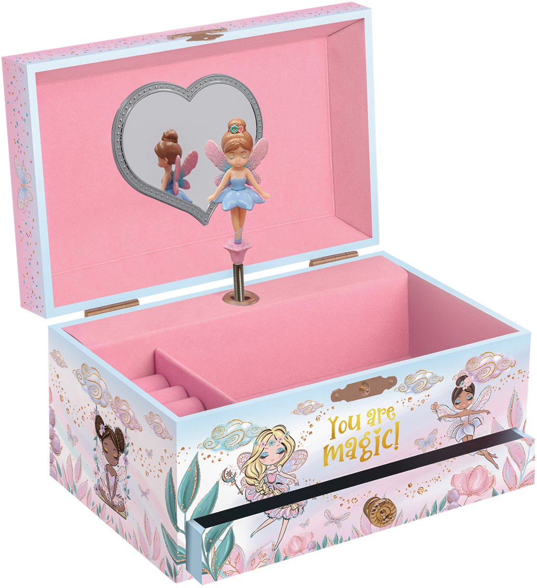 Giggle and Honey muziekdoos juwelen sprookjesprinses - roze sieradendoos met ballerina en spiegel.