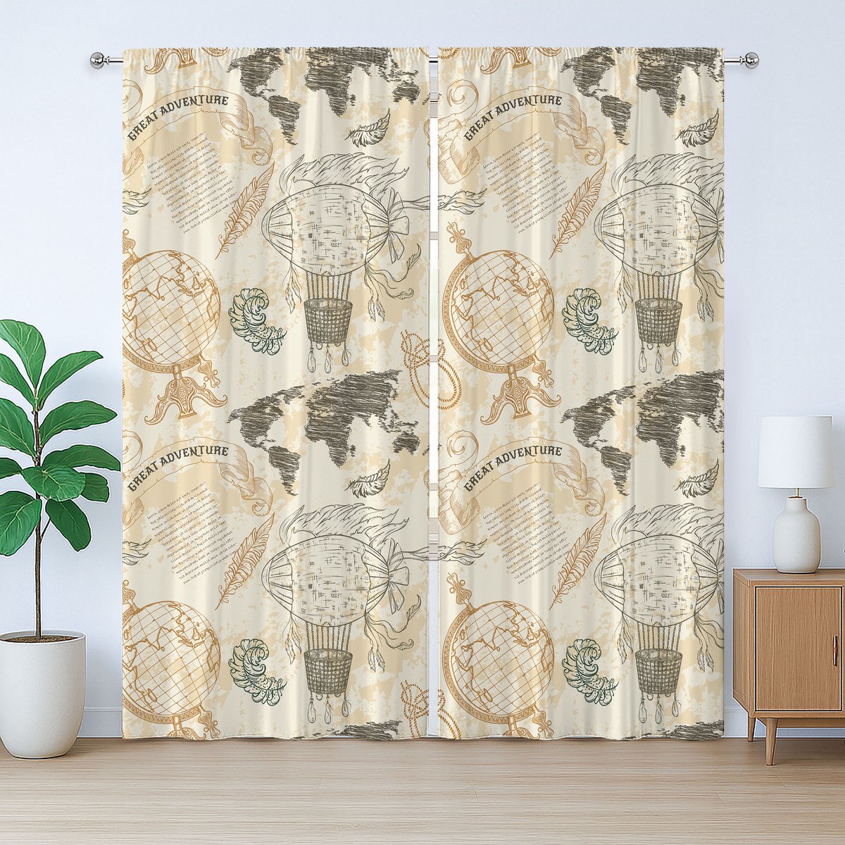 ABAKUHAUS Wereldkaart Rustiek Gordijn, Vintage Wereldbol Gordijn met Touw, met Lusjes en Haken voor de Slaapkamer, 280 x 175 cm, Beige Olijfgroen