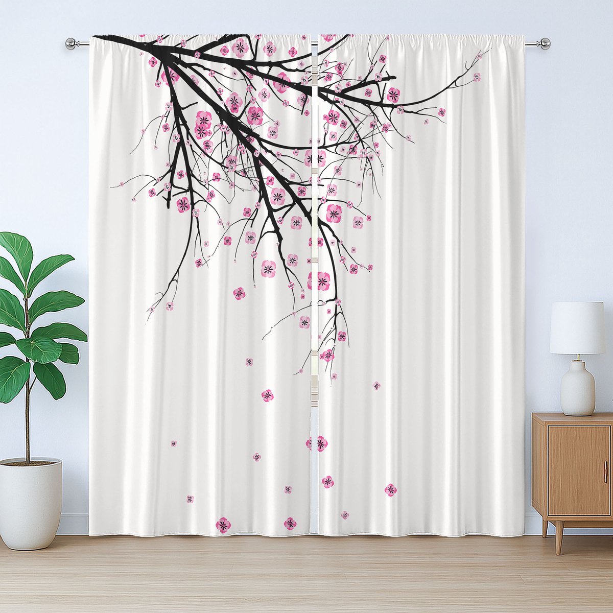 ABAKUHAUS Rustiek bloemengordijn, kersenbloesem, slaapkamergordijn met lussen en haken, 280 x 245 cm, roze zwart