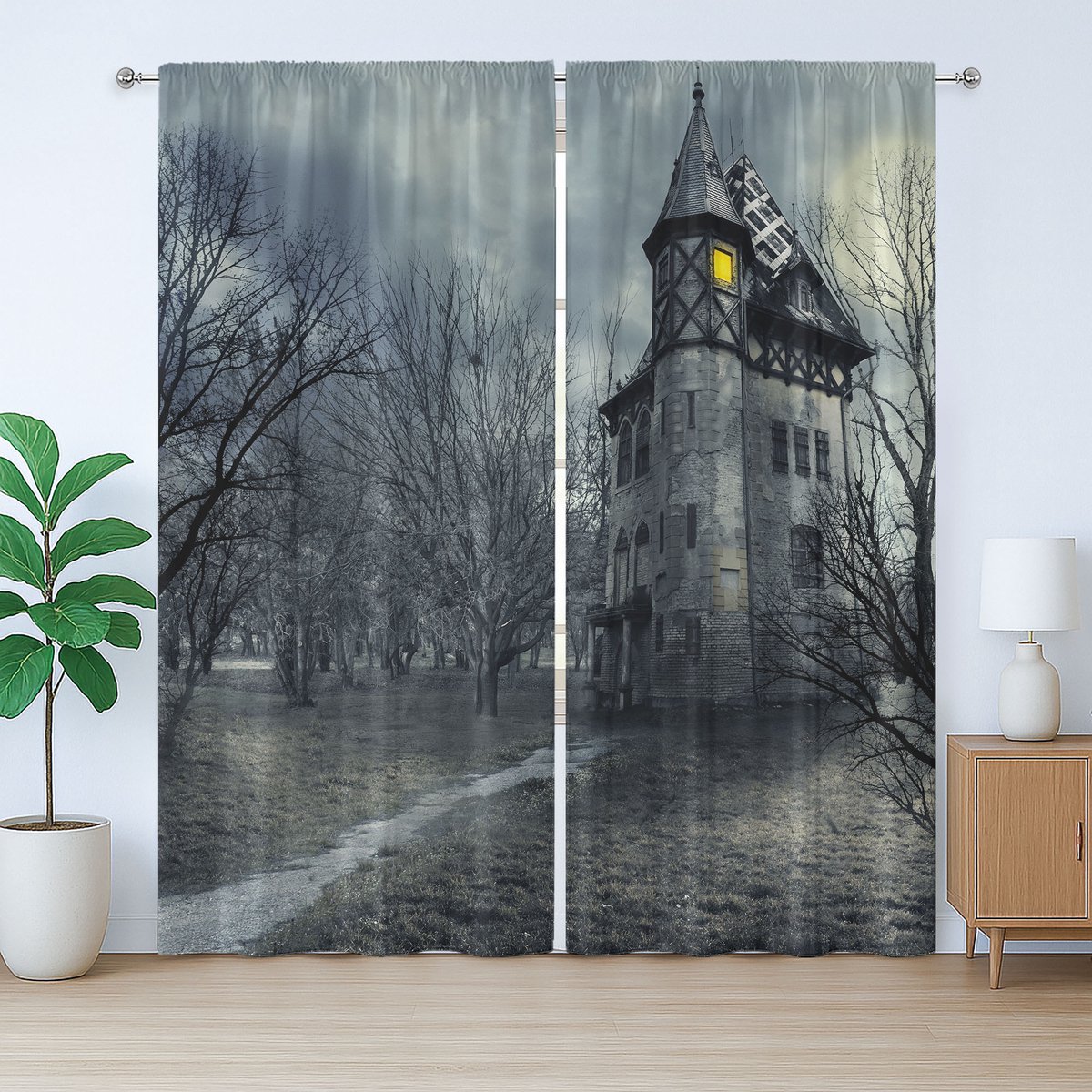 ABAKUHAUS Rustiek Halloweengordijn, Gotisch spookhuis, geplooid gordijn voor de slaapkamer met lussen en haken, 280 x 245 cm, turquoise