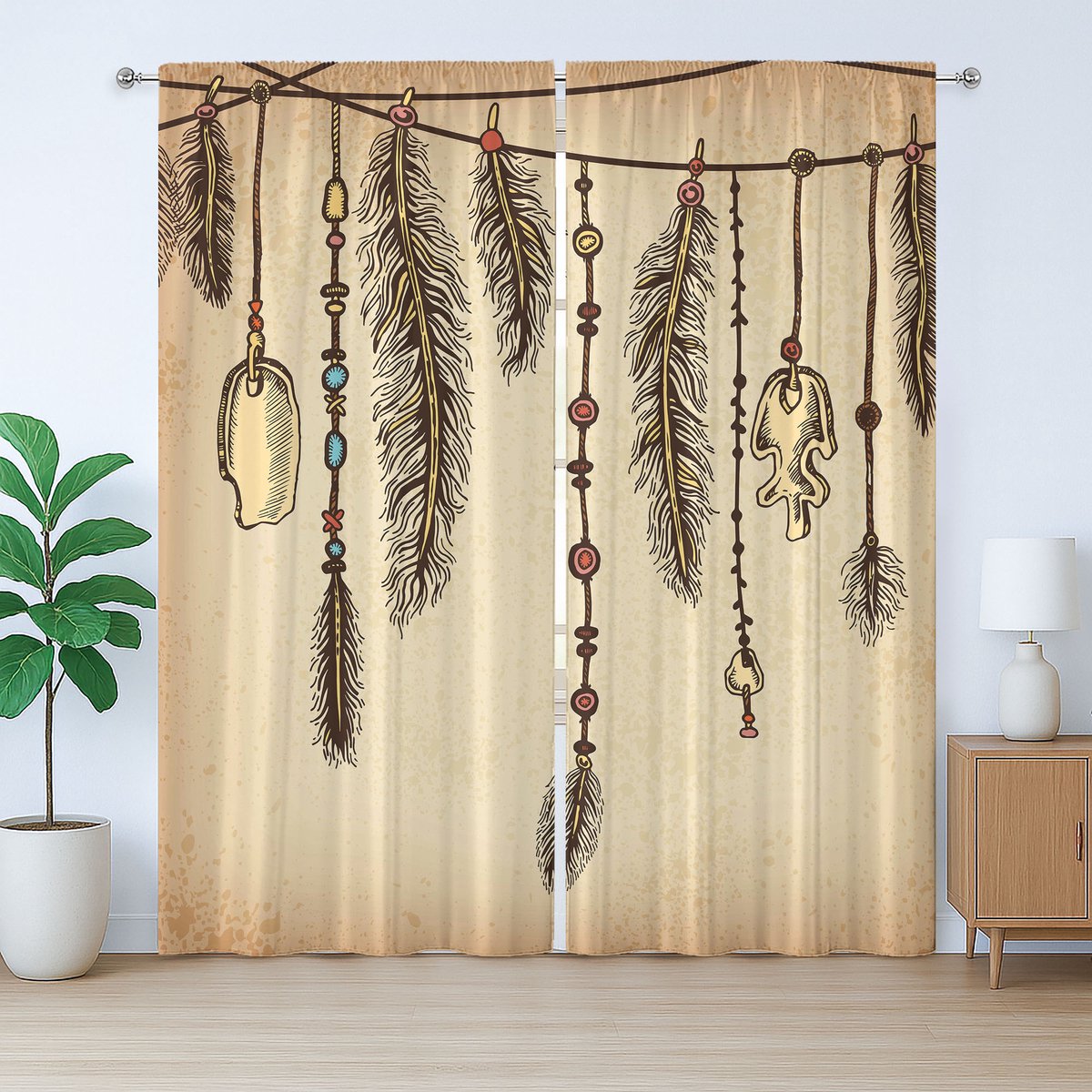 ABAKUHAUS Tribal Rustic Gordijn, Boheemse Veren, Universele Gordijnen met Bandjes, Lussen en Haken voor de Woonkamer, 280 x 260 cm, Bruin