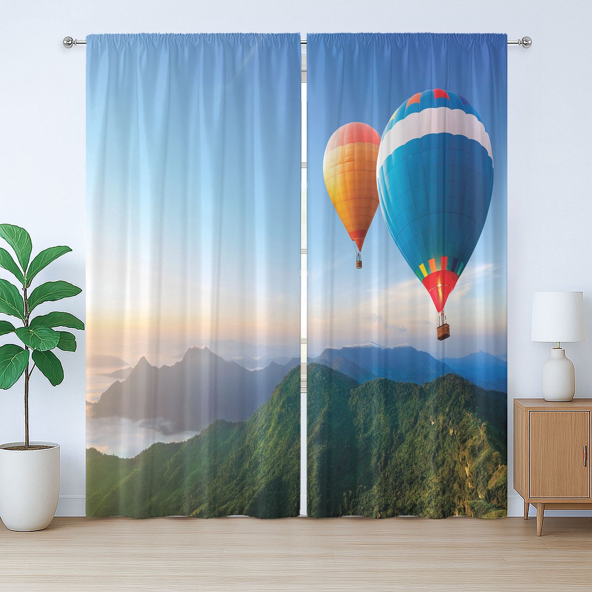 ABAKUHAUS Sfeervol zomergordijn in rustieke stijl, ballonnen op ribbels, met lussen en haken voor de woonkamer, 280 x 225 cm, azuurblauw meerkleurig