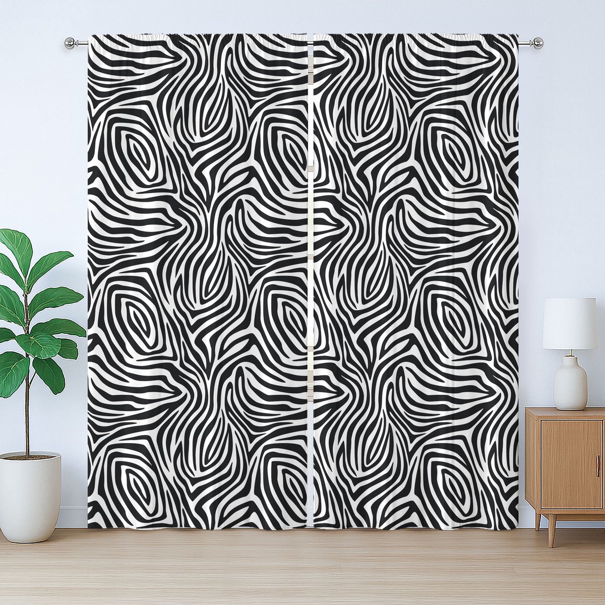 ABAKUHAUS Gestreept rustiek gordijn, zebraprint, slaapkamergordijn met plooien, lussen en haken, 280 x 245 cm, wit zwart