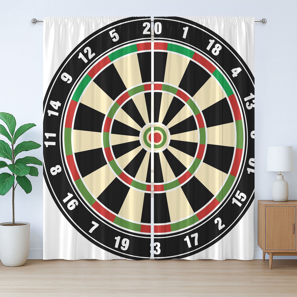 ABAKUHAUS Sport Rustiek Gordijn, Dartbord Lifestyle, met Bandjes, Lusjes en Haken voor de Woonkamer, 280 x 175 cm, Vermiljoen Groen Zwart