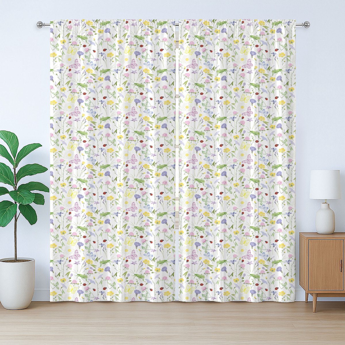 ABAKUHAUS Rustiek gordijn met lieveheersbeestje, vlinder en bloemen, met lussen en haken voor de slaapkamer, 280 x 245 cm, meerkleurig